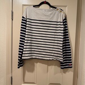 rag & bone Navy & White Striped Long Sleeve Top with Gold Buttons Size M